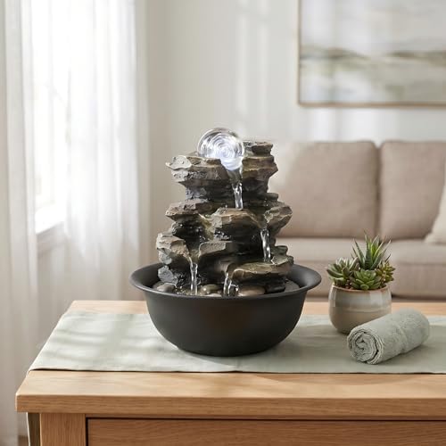 Rockery Indoor Water Fountain, Zen Meditation Tabletop Fountain with LED Lights & Crystal Ball for Home Office Bedroom 9 4/5"