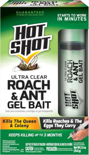 Hot Shot Ultra Clear Roach & Ant Gel Bait, 2.5 Ounces, Water-Based Gel Bait Dries Clear To Kill Roaches And Ants Indoors, Works In Minutes To Kill Queen And Entire Ant Colony, Roaches And Eggs | Kills Roaches, Their Eggs & Ants, Starts Working In Minutes…