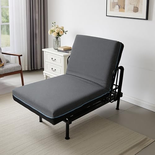 Electric Lift Bed for Elderly, Remote Control Adjustable Bed with 5.91" Mattress, Quiet Motor and Removable Tray, Zero Gravity Position Bed Frame Suitable for Hospital/Home Care