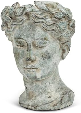 Abbott Collection Large Woman Head Planter | Hand-Finished Greco-Roman Style, Indoor & Outdoor, For Flowers & Succulents, Cement, Gray, 10"H