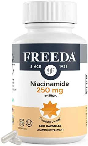 FREEDA 250mg Niacinamide & Vitamin B3 Supplement - 500 Capsules | Vegetarian Niacinamide Supplement with No-Flush Formula - Supporting Skin Health &