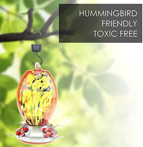 CLEVER GARDEN Hummingbird Feeder with Perch | Hand Blown Flat Glass in Red | 27 Fluid Ounces Humming Bird Nectar Capacity with Hanging Metal Wires