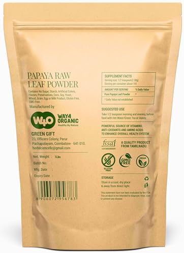 Way4Organic Papaya Leaf Powder 16 Ounces(1 Pound), Dried from Fresh Green Leaves, Good to Make Tea, Juice Extract, (No Fruit, No Seeds)