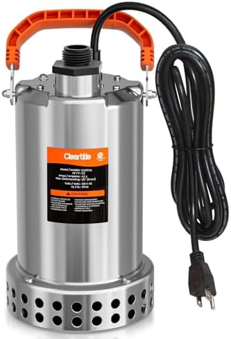 Stainless Steel Submersible Utility Water Pump, 3/4 HP 3780 GPH, Thermoplastic Portable Plug & Work, Ideal for Pool, Flooded Basement, Hot Tub, Pond & Garden Draining, 10 FT Cord