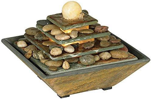 Pyramid 10" High Feng Shui Ball Lighted Table Indoor Small Fountain | Zen Modern Decor Slate Stone Tabletop with Light Waterfall Rock Water Feature for Desk Relaxation Bedroom Living Room