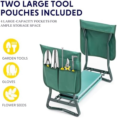 iPower Garden Kneeler and Seat Foldable Kneeling Bench with Sturdy Soft EVA Foam Pad for Outdoor, Fishing, Camping, 2 Tool Pouches Included, Green
