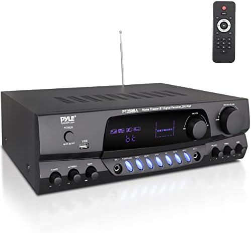 Pyle Home Stereo Amplifier with Bluetooth - 300 Watt Max 4 Channel Stereo Receiver with Easy Karaoke - Dual Mic In with EQ and Echo, USB-A and SD Card In, RCA In, RCA Out, LED Display - PT272AUBT