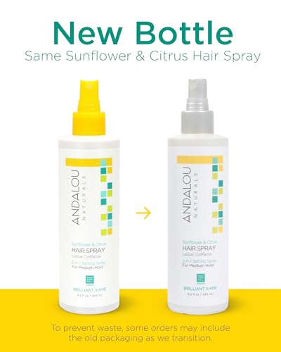 Andalou Naturals Sunflower & Citrus Brilliant Shine Hair Spray (8.2 fl oz) | Styling for Shine & Medium Hold, Aloe Vera for Frizz Control, Natural & Cruelty Free