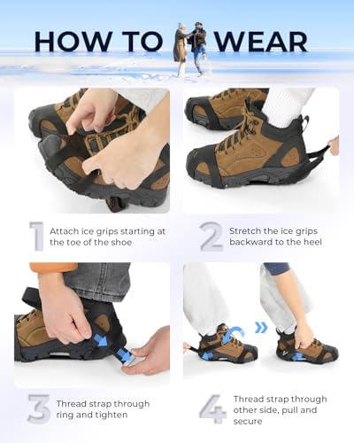 Sportneer Crampons： Ice Cleats for Shoes and Boots with 28 Spikes - Traction Slip-on Stretch Footwear for Walking and Shoveling on Ice and Snow - Lightweight for Women and Men