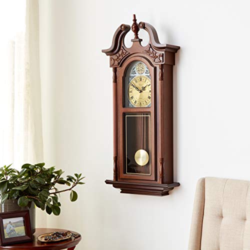 Bedford Clock Collection Grand Antique Chiming Wall Clock with Roman Numerals in a in a Cherry Oak Finish, 38" L