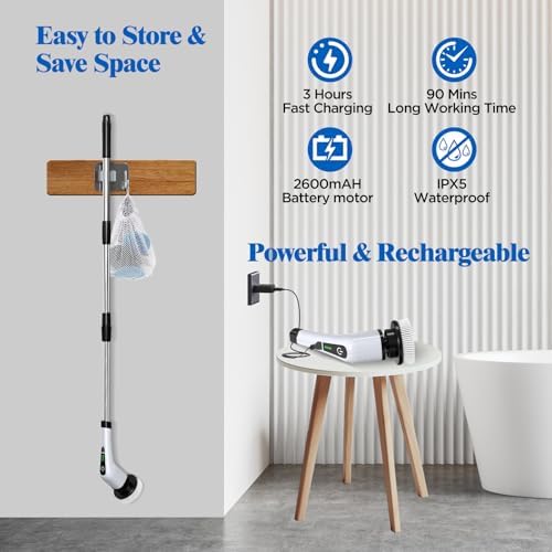 Electric Spin Scrubber, Cordless Bath Tub Power Scrubber with 8 Replaceable Drill Brush Heads