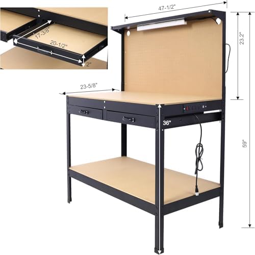 Heavy-Duty Steel Workbench with LED Light, 59'' Tool Storage Bench with Power Outlets & USB Ports, 200 lbs Capacity