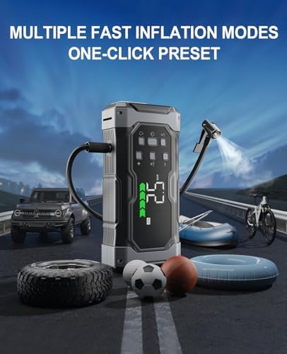 All-Around 9000A Jump Starter with 150PSI Air Compressor/Deflator, 12V Portable Car Booster (All Gas/14L Diesel), 9-in-1 Power Pack with Real-Time LCD