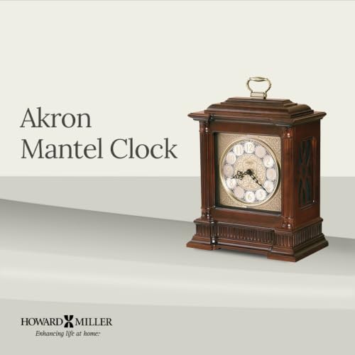 Howard Miller Akron II Mantel Clock – Windsor Finish, Dual-Chime Kieninger Movement, Arabic Numerals, Brushed Nickel Dial, Wooden Base