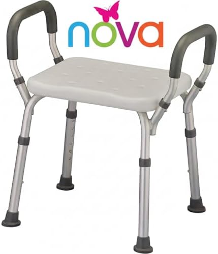 NOVA Bath & Shower Seat with Padded/Removable Arms - for Seniors, Handicap & Medical Use, Adjustable Height, Aluminum Frame, Non-Skid Safety
