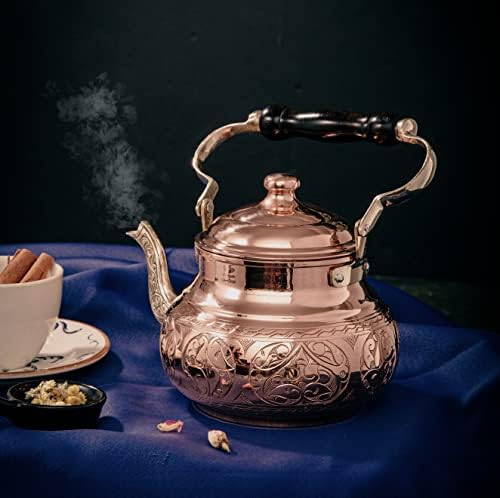 DEMMEX Handmade Engraved 1mm Thick Solid Uncoated Copper Tea Pot Kettle Stovetop Teapot, 1.6-Quart