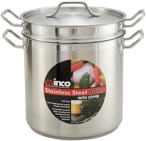Winco 16 qt Stainless Steel Double Boiler with Cover | Gentle heat prevents scorching, Secure riveted handles, Induction compatible
