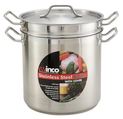 Winco 8 qt Stainless Steel Double Boiler with Cover | Gentle heat prevents scorching, Secure riveted handles, Induction compatible