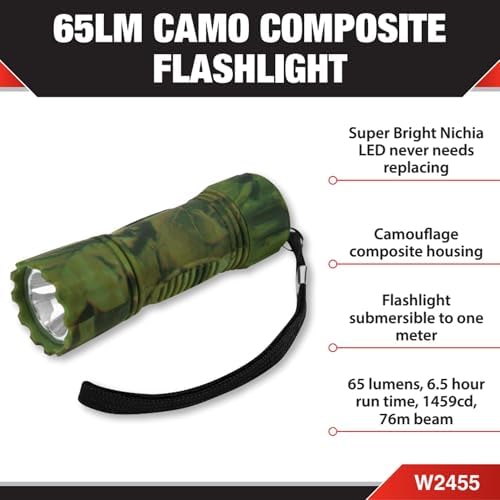 Performance Tool W2455 Storm 65 Lumen Camo Composite LED Flashlight | Submersible to one meter. 6.5-hour run time. 76m beam distance. Super bright