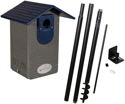 Ultimate Eastern and Western Bluebird House with Universal Mounting Pole Kit - Garden Birdhouse and Pole Combo (Blue and Gray)