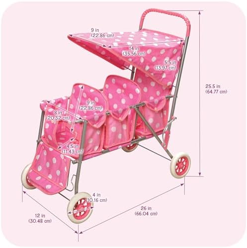 Badger Basket Triple Doll Stroller with Canopy, Foldable Toy Pram - Pink | Triple-seat stroller fits 14.5–18" dolls, foldable, canopy, seat belts