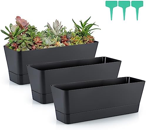Skelang 3 Pcs Rectangular Plant Pot, 12" Watering Container with Drainage Hole, Window Planter Box with Saucer for Succulents, Flowers, Indoor Plants