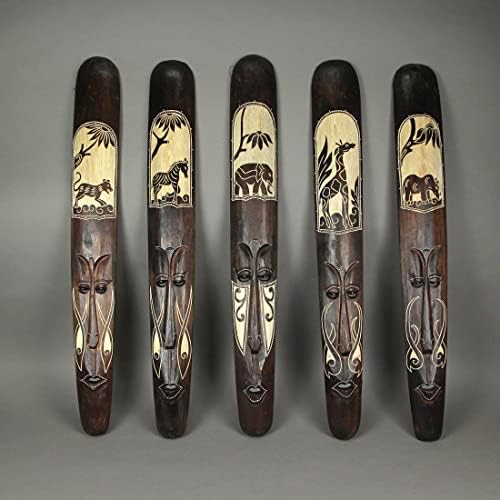 Zeckos Set of 5 African Tribal Mask Wall Hangings, 39 Inch Hand-Carved Wood | Hand-Stained and Hand-Painted Details, Crafted by Indonesian Artisans