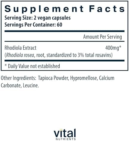 Vital Nutrients Rhodiola Rosea - Rhodiola Supplement for Healthy Energy, Memory, and Stress Support - Gluten, Dairy, Soy Free - Non-GMO - 60 Capsules