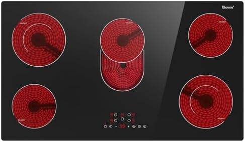 Electric Cooktop 36 Inch 5 Burners, 220~240V, Built in Electric Stove Top, 8400W Radiant Ceramic Cooktop with Hardwired, Touch Control, Child Lock