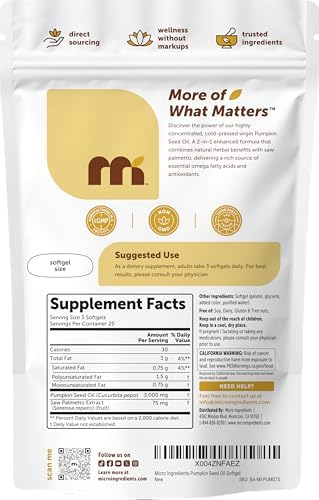 Micro Ingredients Pumpkin Seed Oil with Saw Palmetto, 300 Softgels | Cold Pressed, Pure Virgin Oil with Essential Fatty Acids & Phytosterols. For Men & Women. Non-GMO, Gluten Free.
