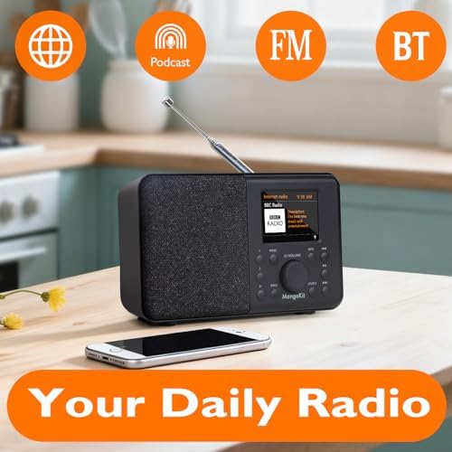 SR10 WiFi Radio, Bluetooth, FM & Internet, Walnut | 60 presets, dual alarms, colour display, OKTIV App control, podcast player, mains or AA battery, headphone jack, compact
