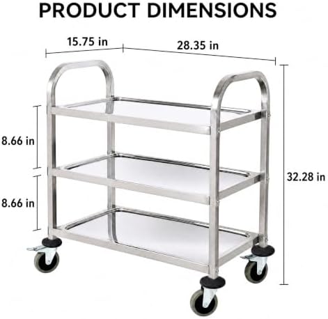 Metal 3 Tier Utility Cart Kitchen Trolley Catering Storage Cart with Universal Wheels Easy to Assemble& Move for Kitchen Restaurant Hotel Cafe Home