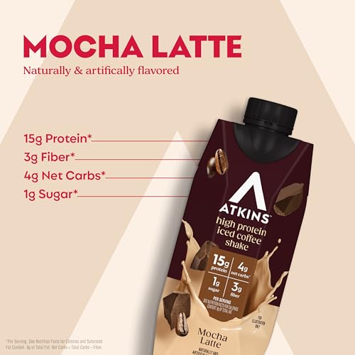Atkins Café au Lait Iced Coffee Flavored High Protein Shake, Low Sugar and Low Carb, Keto Friendly, Ready to Drink Protein Drink, Gluten Free