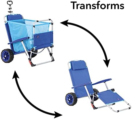 Mac Sports Beach Day Foldable Chaise Lounge Chair with Integrated Wagon Pull Cart Combination and Heavy Wheels - Perfect for Beach, Backyard