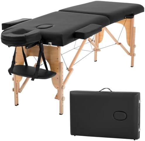 BestMassage | Portable Massage Table | 24" Wide, Black PU Leather | Lightweight, 2-Fold Massage Table with Height Adjustment, 450lbs Capacity, Carry Bag | For Massage, Facial, Tattoo, Home, Spa