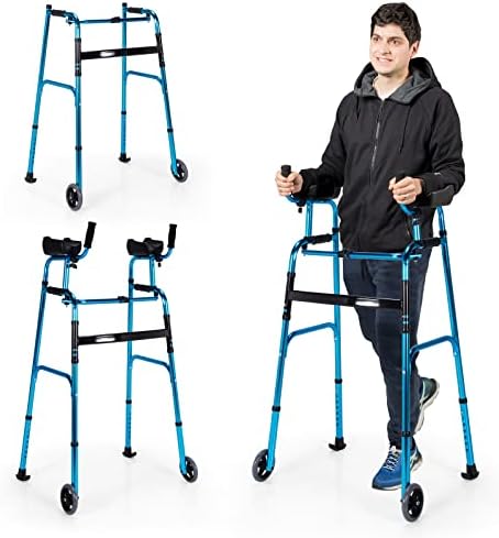 Goplus Walkers for Seniors, Foldable Standard Walker with 5’’ Wheels and Removable Padded Armrests 220lbs, Lightweight Walking Mobility Aid