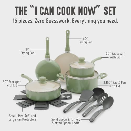 GreenLife 16 Piece Ceramic Nonstick Pots & Pans Cookware Set, Turquoise | PFAS-Free Ceramic Nonstick, Stockpot, Frying Pans, Saucepans, Sauté Pan, Stay-Cool Handles, Dishwasher & Oven Safe up to 350F