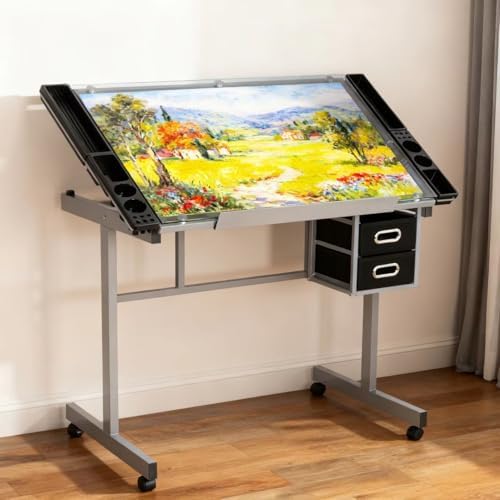 ZENY Drafting Table on Wheels with Storage Drawers, Adjustable Glass Tabletop, Craft Table Drawing Desk Artist Hobby Table for Painting, Drawing