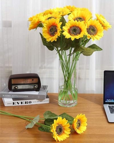 Laelfe Artificial Sunflower Flowers Long Stem Silk Fake Large Sunflowers Decoration for Outdoor Home Wedding Baby Shower Birthday Party Single Bulk