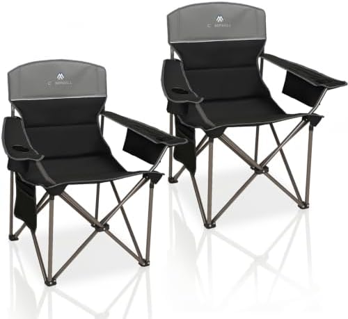 Oversized Camping Chairs 2 Pack - Heavy Duty 400LBS Padded Lawn Chair with Cooler Bag,Cup Holder,Side Pocket,Collapsible for Outdoor,Camp,Fishing & Garden,Dark Green