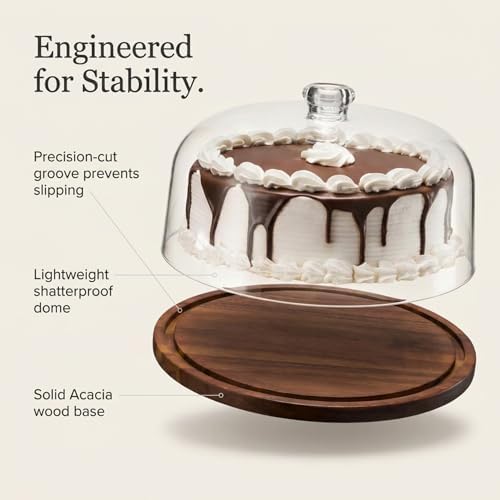 Godinger Cake Stand, Cake Plate Server Platter with Dome, Acacia Wood and Shaterproof Acrylic Lid