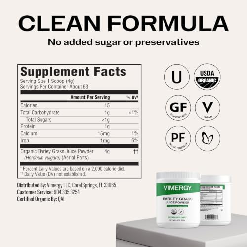 Vimergy Barley Grass Juice Powder, Organic Superfood, 250g, 63 Servings | Clean Nutrient-Dense Superfood*, Powerful Antioxidants for Cardiovascular Health*, Vegan, Gluten-Free