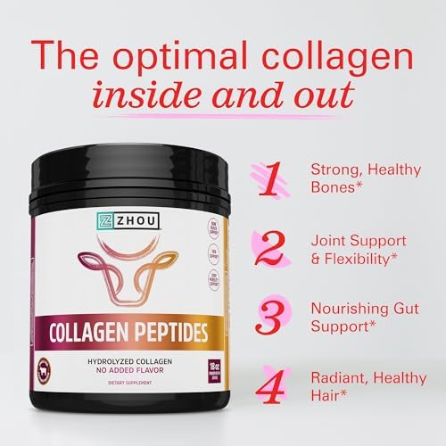 Zhou Collagen Peptides Supplement - 18 oz Jar (46 Servings) | Pure Hydrolized Collagen Powder for Women & Men, Grass Fed Natural Bovine for Skin