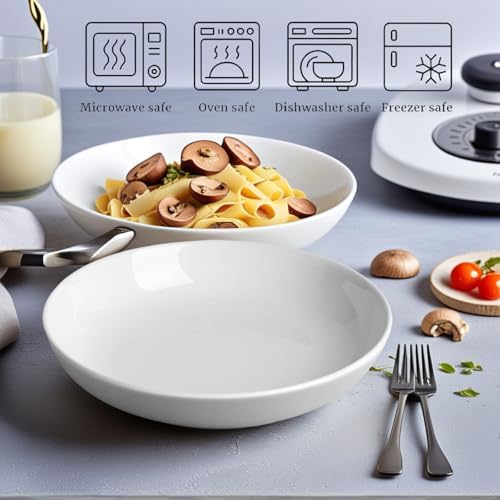DeeCoo 7 Pack Porcelain Pasta Bowls Ceramic, Large Serving Bowl, Wide and Shallow, Set 8.3 Inch - 30 Ounce - for Pasta, Salad, Cereal