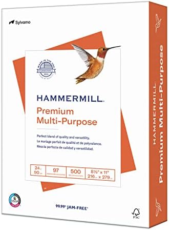 Hammermill Printer Paper, Premium Multipurpose Paper 20 lb, 8.5 x 11-5 Ream (2,500 Sheets) - 97 Bright, Made in the USA, 105910C