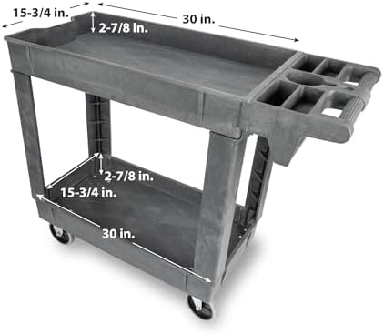 Performance Tool W54004 Two-Shelf Utility Cart with Locking Drawer | Red rolling tiered storage cart with wheels. 350 lb load capacity. Swivel casters. 28x16 inch deep shelves