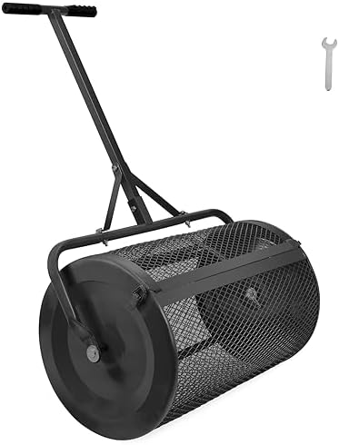 Seeutek Compost Spreader, 24" Peat Moss Spreader with 3 Heights | Push or Tow Top Soil Spreader W/Upgraded Side Latches Support Rod Powder Coated Metal Mesh Top Dressing Spreader for Lawn
