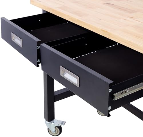 Work Bench, Workbench with Drawer Storage, Heavy Duty Bamboo Wood Work Table with Wheels for Garage Home Office (48 Inch)