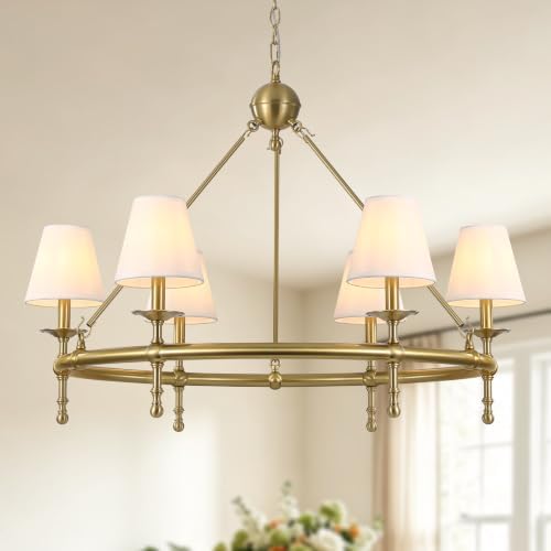 Klgxnrd 6-Light Brushed Gold Wagon Wheel Chandelier with White Fabric Shade | Diameter 34", 5-Layer Electroplated Metal, Height Adjustable 29" To 106"