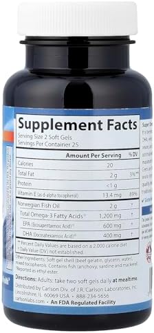Carlson Super Omega-3 Gems, 1200 mg, Omega-3s, 50 Softgels | with EPA and DHA; Wild Caught Norwegian Fish Oil Supplement; Sustainably Sourced Fish Oil Capsules; Omega 3 Supplements